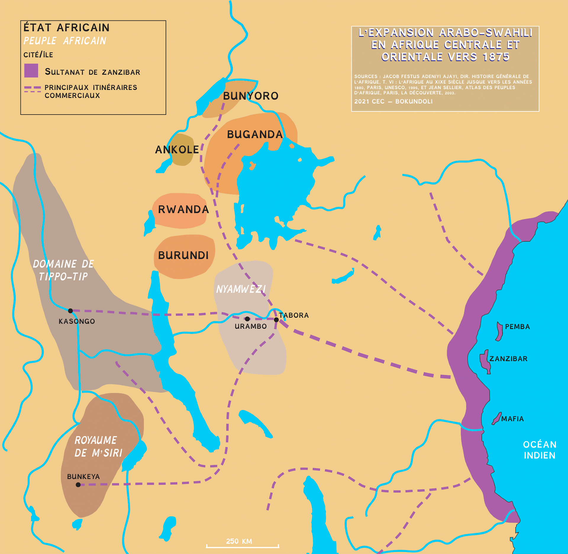 L'expansion arabo-swahili en Afrique centrale et orientale vers 1875